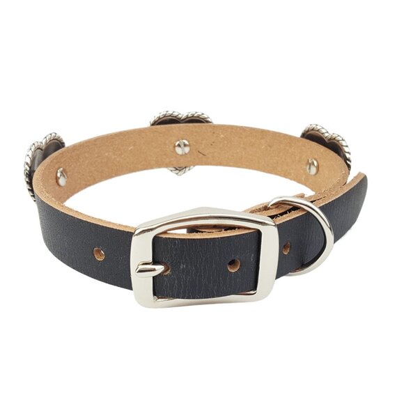 Genuine Distressed Leather Dog Collar with Shiny Heart Conchos - Picture 2 of 3
